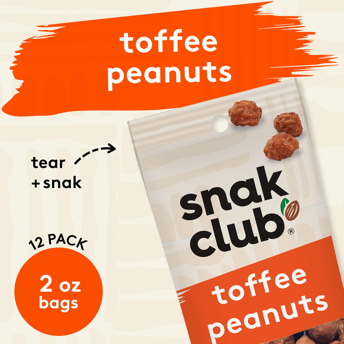 Snak Club Toffee Peanuts pack back displays ingredients and certifications.
