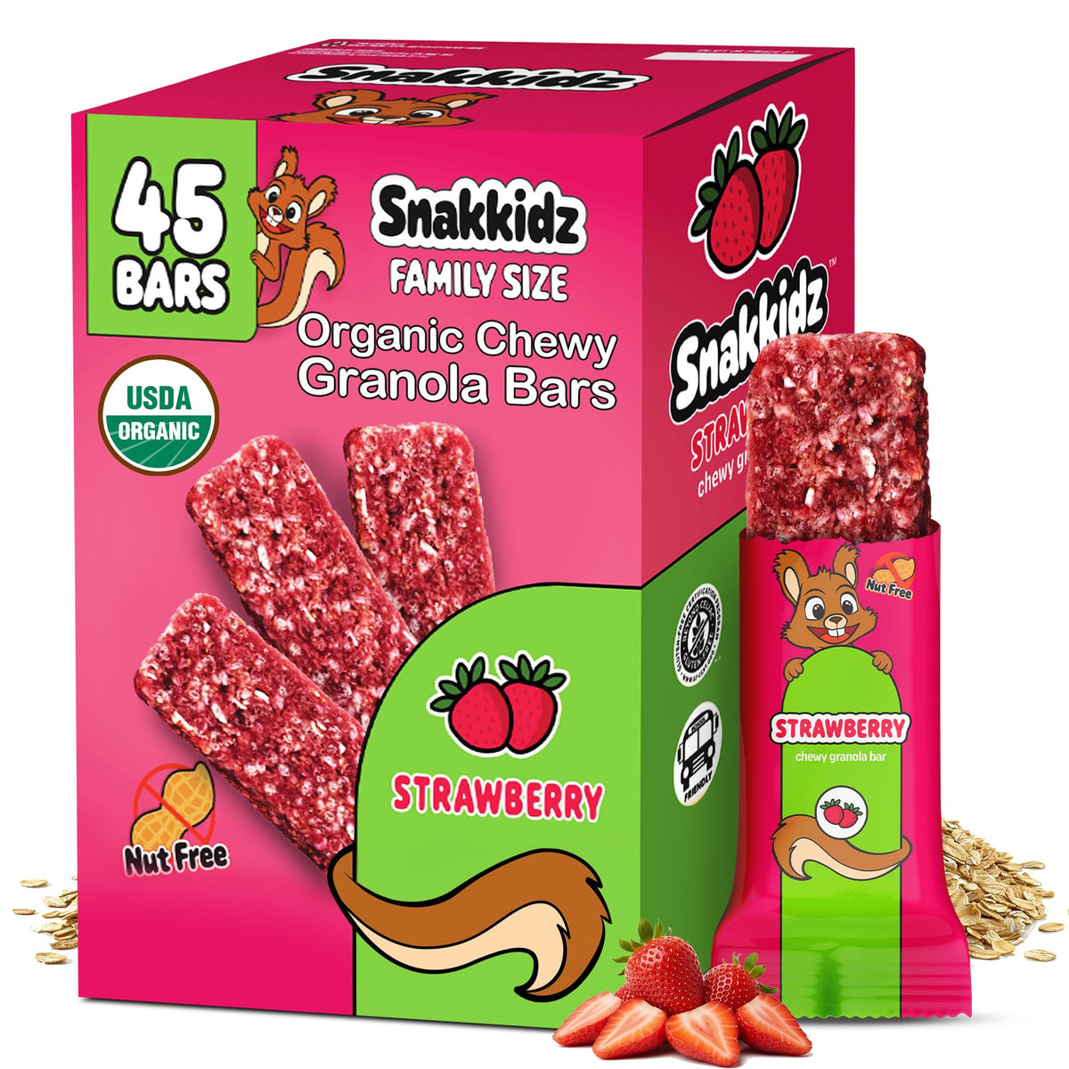 Snakkidz granola bar front view, strawberry flavor, a kid-friendly snack for busy mornings.