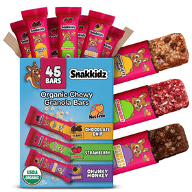 Snakkidz organic chewy granola bar unwrapped for lunchbox use and on the go