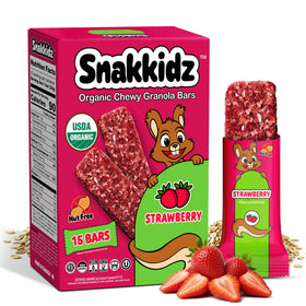 Snakkidz organic chewy granola bars front packaging, a safe allergen-free school snack.