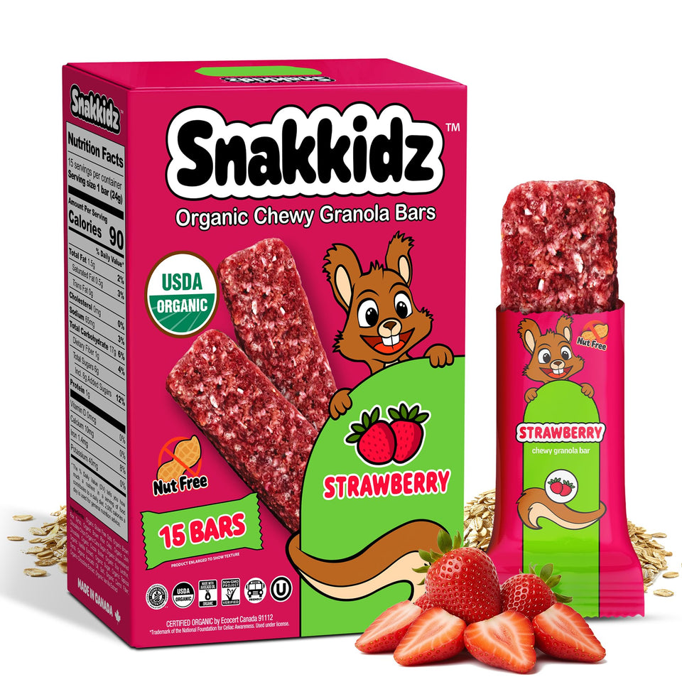 Snakkidz organic chewy granola bars front packaging, a safe allergen-free school snack.