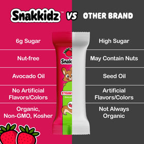Snakkidz strawberry bar packaging, appealing visuals for strawberry flavor lovers.