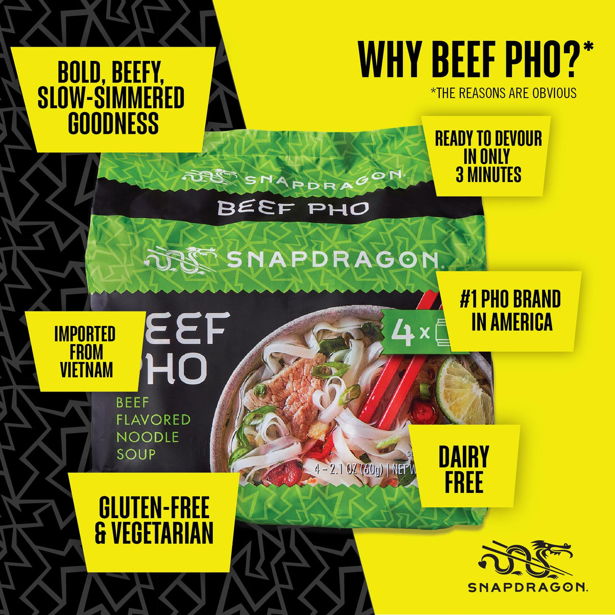Snapdragon Beef Pho 4-pack packaging ready to stock up