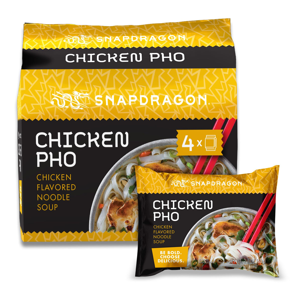 Snapdragon Chicken Pho instant noodles pack, convenient 3-minute meal for busy days.