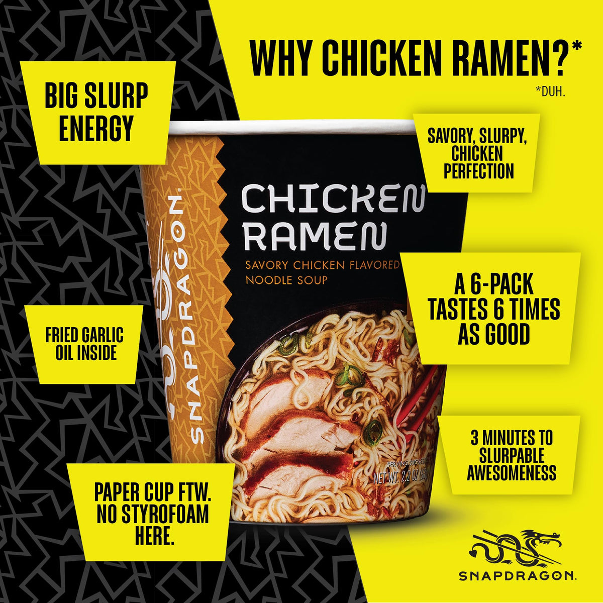 Snapdragon ramen cup microwaves or hot water for quick meals.