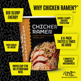 Snapdragon ramen cup microwaves or hot water for quick meals.