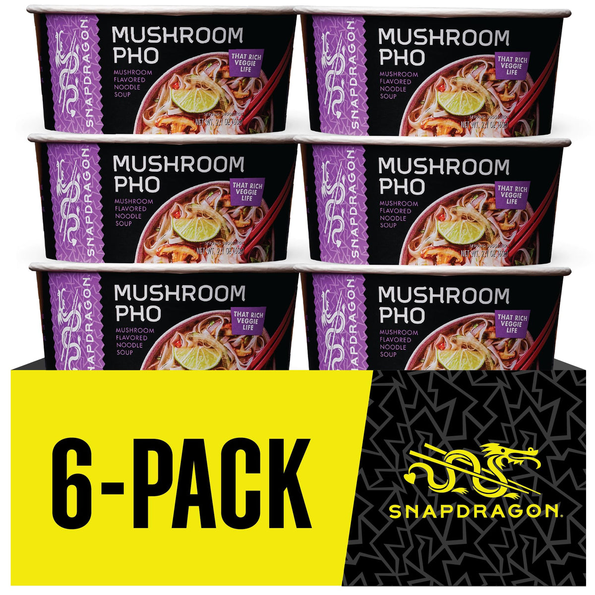 Snapdragon Mushroom Pho six-pack display on shelf for busy weeks