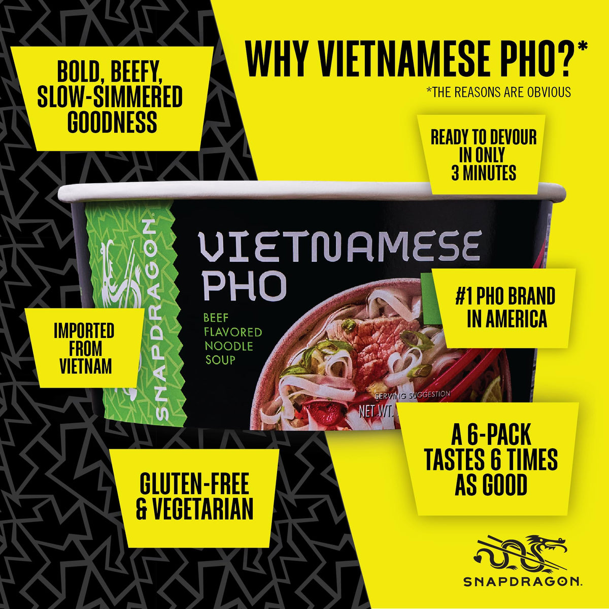 Snapdragon Pho 9-pack display showing pantry-ready and portable meals.