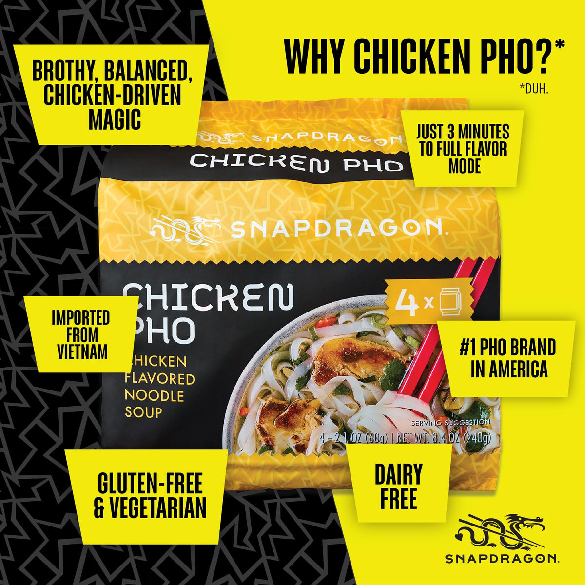 Six-pack Snapdragon Pho noodles, ready for quick meals.