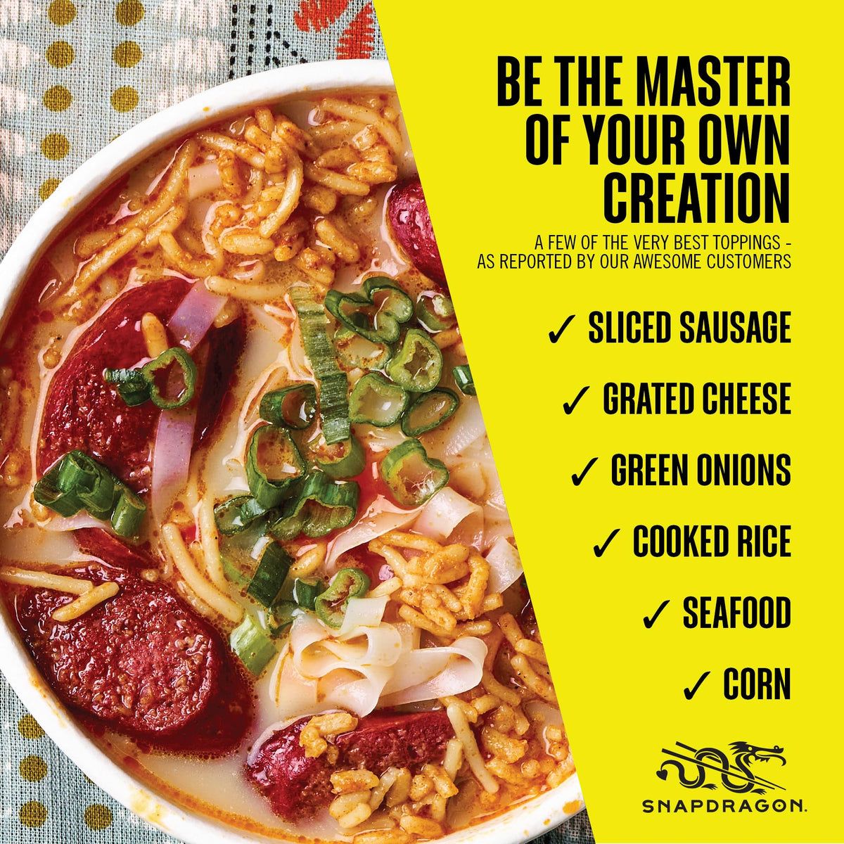 Six-pack of Snapdragon noodle bowls lined up on a counter