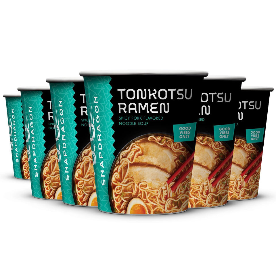 Snapdragon Tonkotsu ramen cup microwave-ready for quick, flavorful lunches.