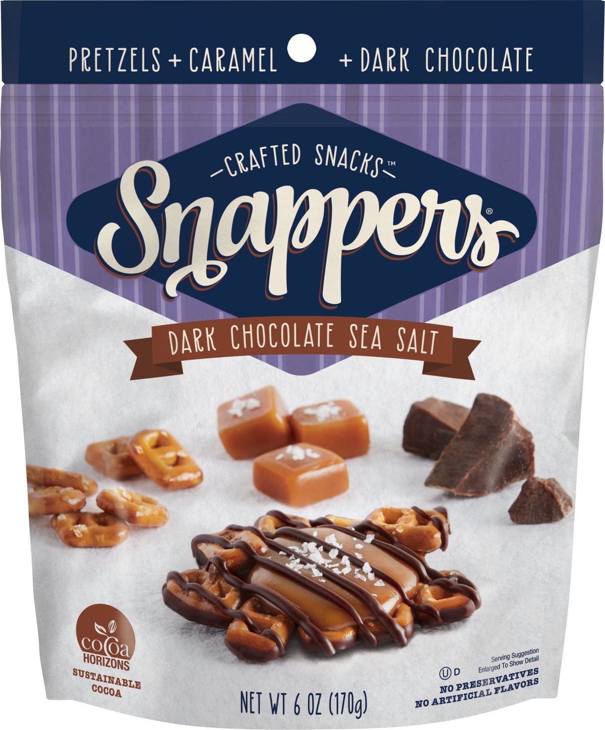 Snappers Dark Sea Salt Chocolate pretzels with caramel drizzle offer a satisfying snack.