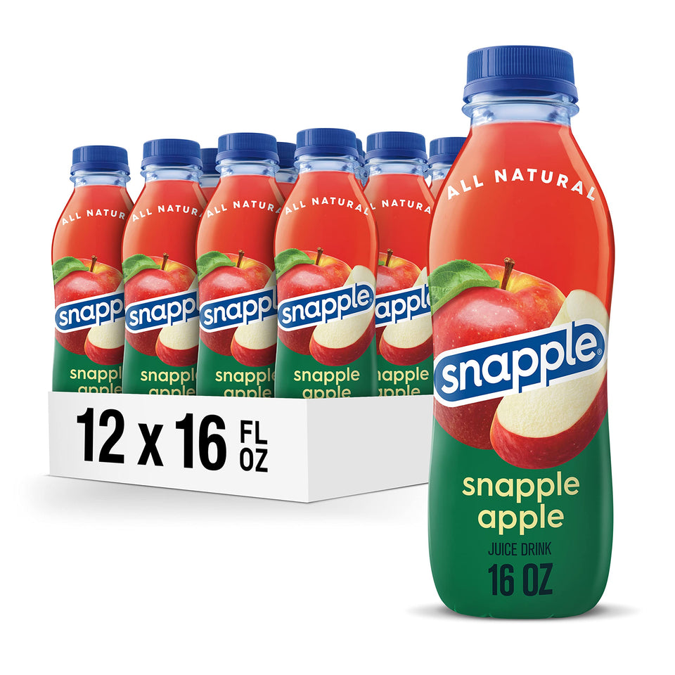 Snapple Apple juice drink bottle front view in a 16oz eco-friendly container.