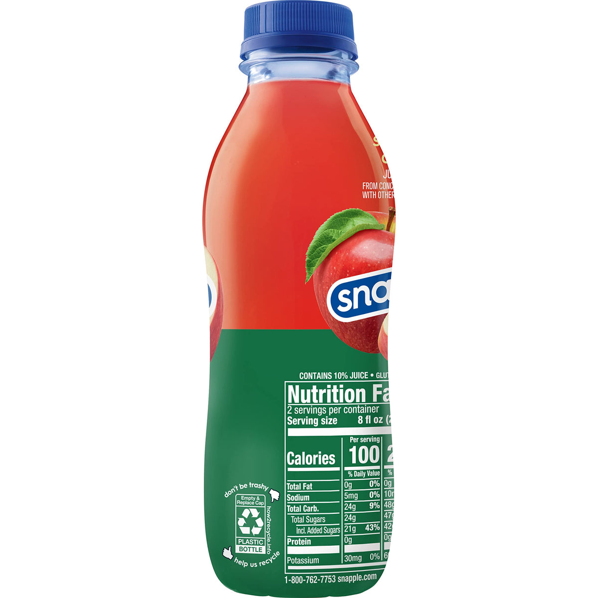 Snapple Apple juice drink recycled plastic bottle close-up with recycling symbol.