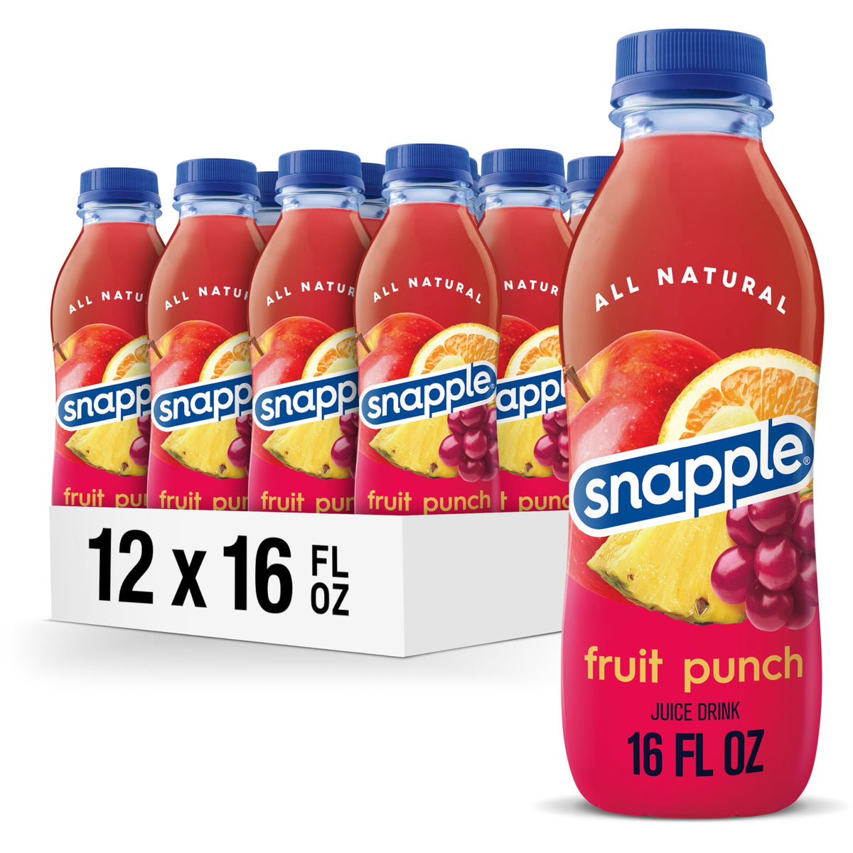 Snapple Fruit Punch bottle front view showing vibrant flavor for daily refreshment.