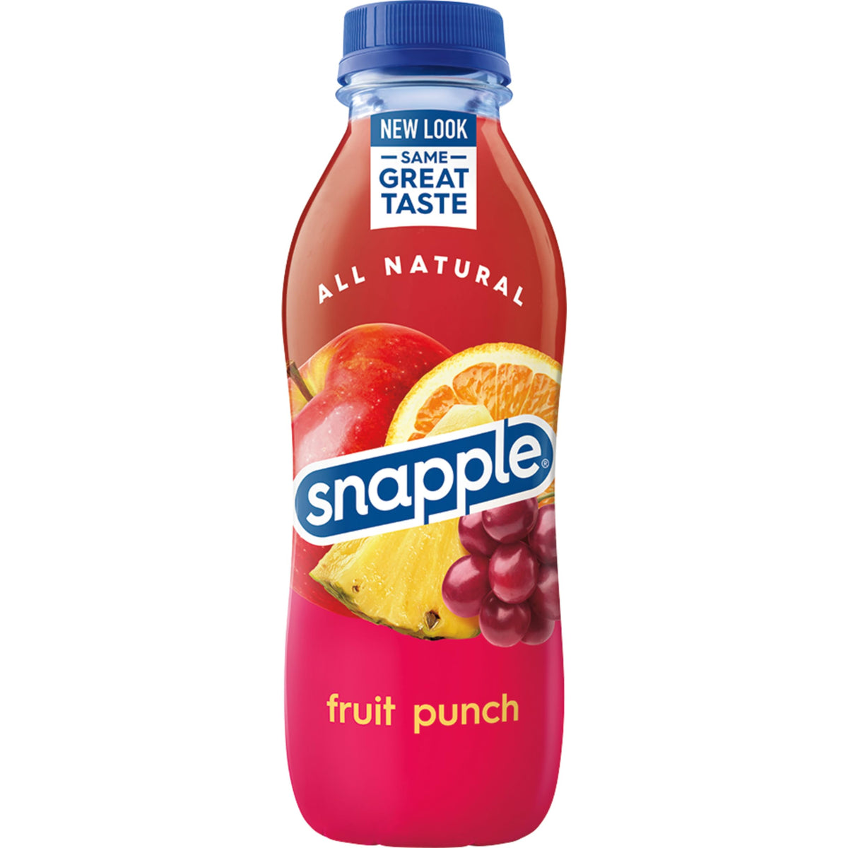 Snapple Fruit Punch bottle label with glossy packaging and real juice emphasis.