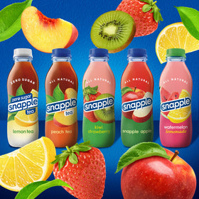 Snapple Fruit Punch bottle pour, highlighting the bold orange and pineapple blend.
