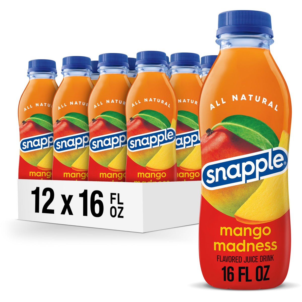 Snapple Mango Madness bottle front highlights brand and mango flavor for on-the-go refreshment.