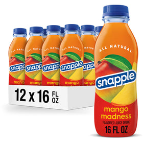 Snapple Mango Madness bottle front highlights brand and mango flavor for on-the-go refreshment.