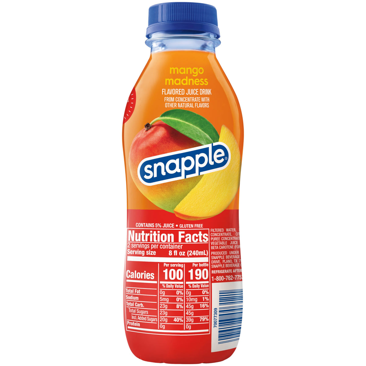 Snapple Mango Madness recycling symbol highlights eco-friendly packaging material.