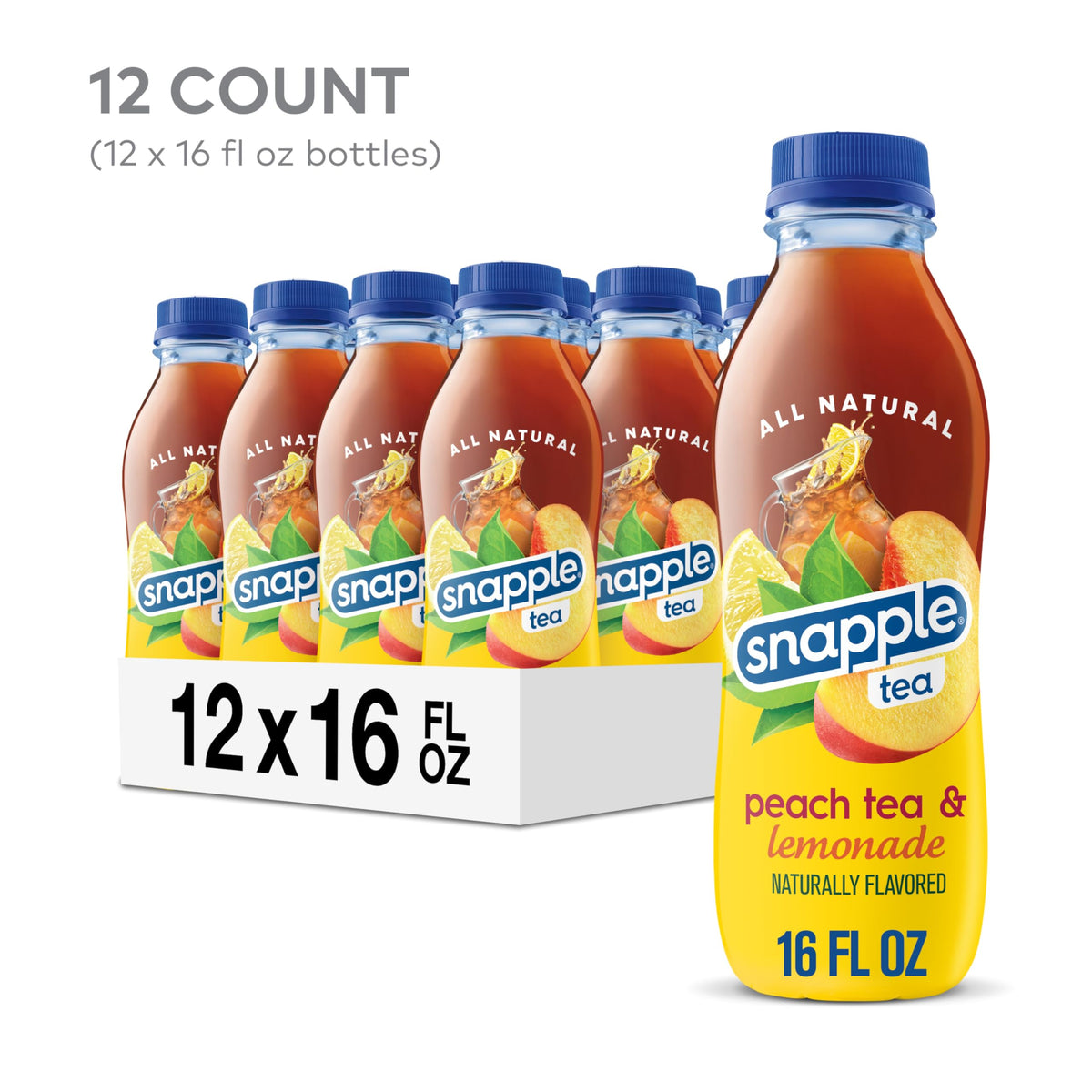 Close-up of the Snapple Peach Tea Lemonade label showing real tea and juice