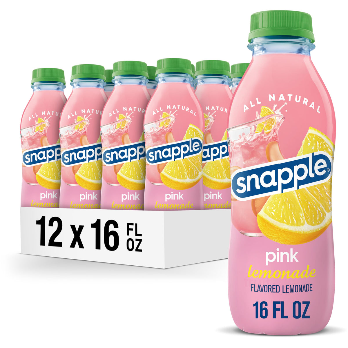 Snapple Pink Lemonade bottle front, refreshing on-the-go option.