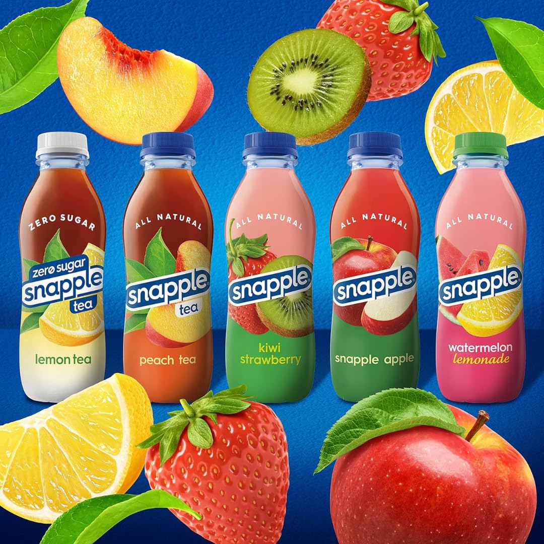 Close-up of Snapple Tea labels highlighting flavor variety in the lineup
