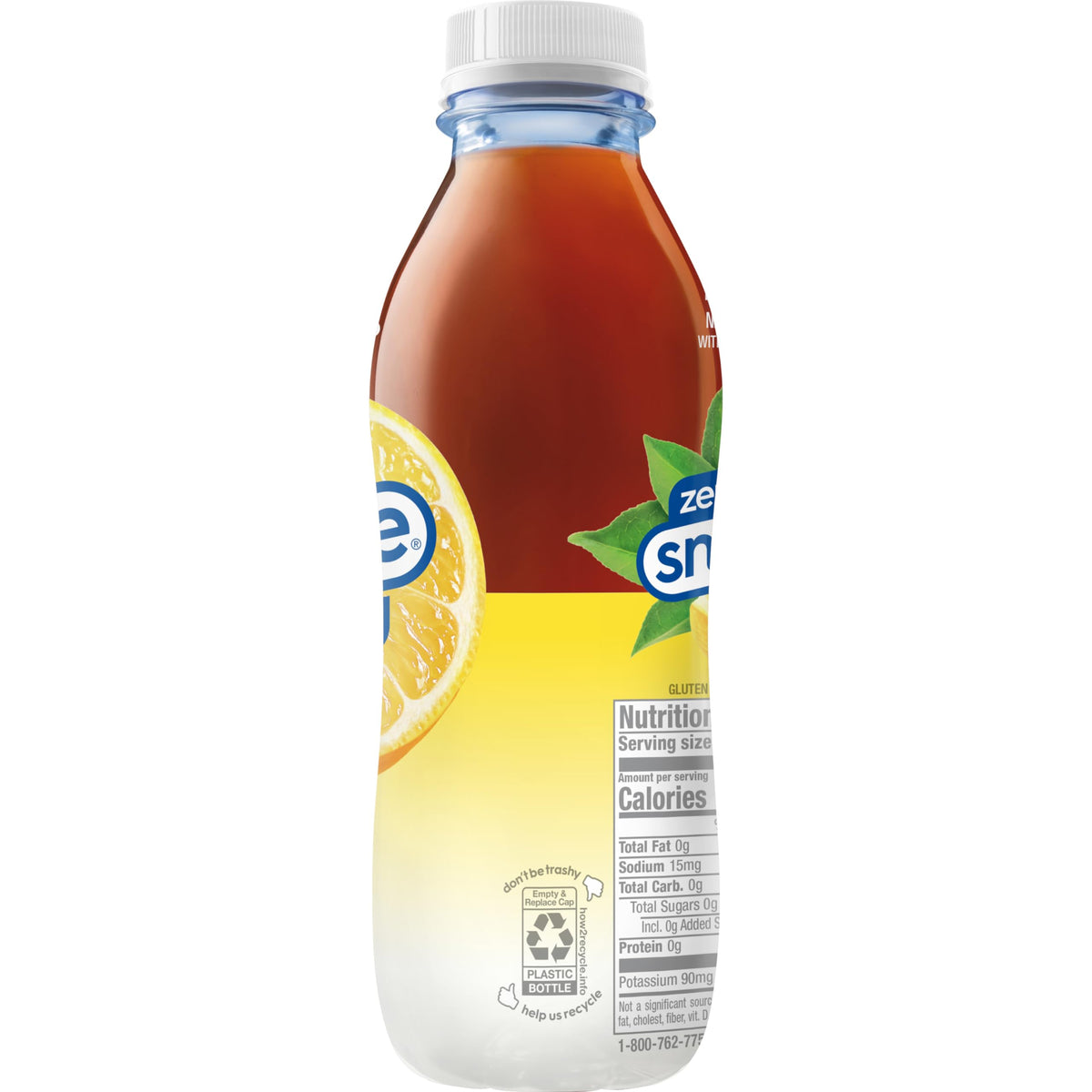 Nutrition panel visible on Snapple Zero Sugar Lemon Tea bottle