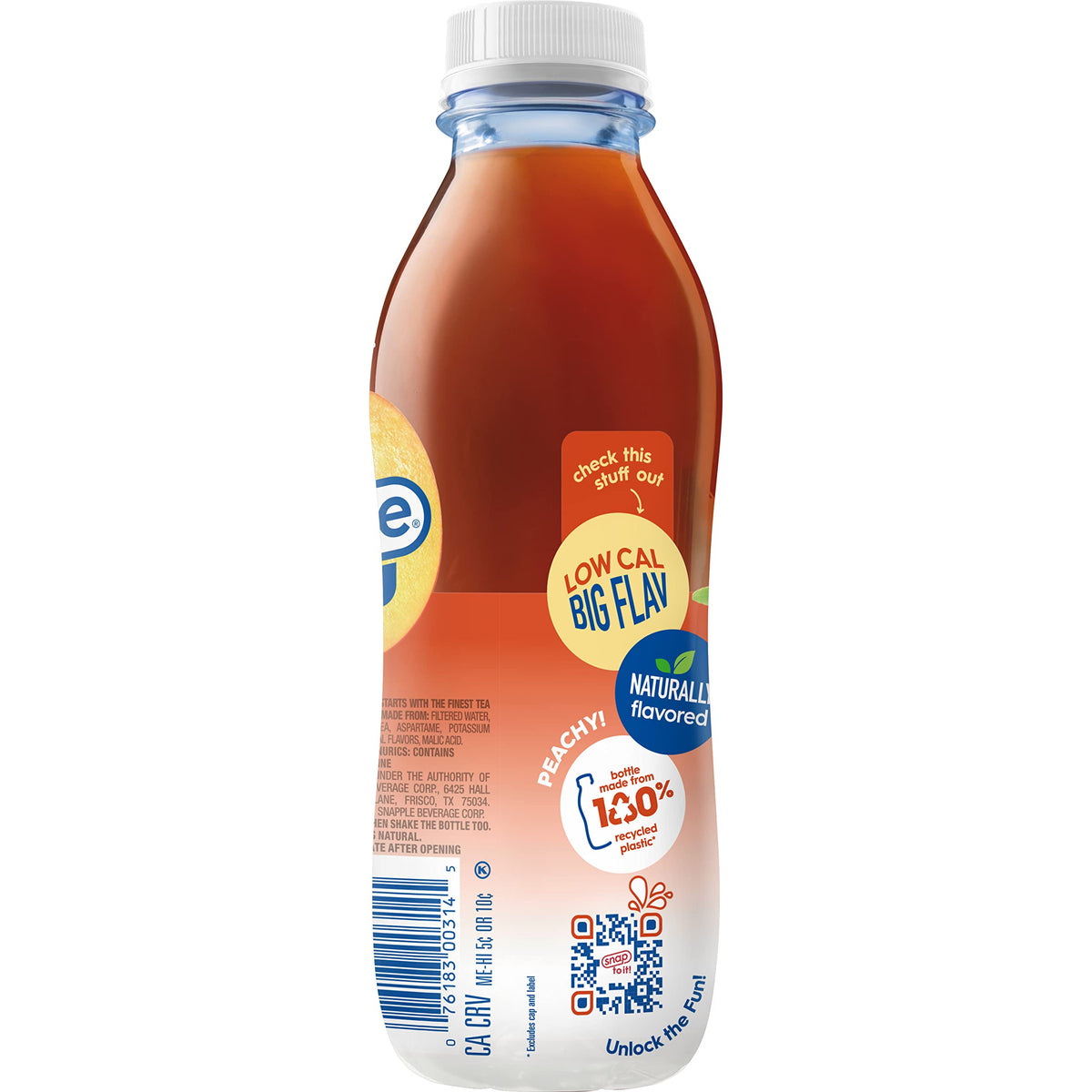Snapple Zero Sugar Peach Tea recyclable bottle promotes eco-friendly packaging.