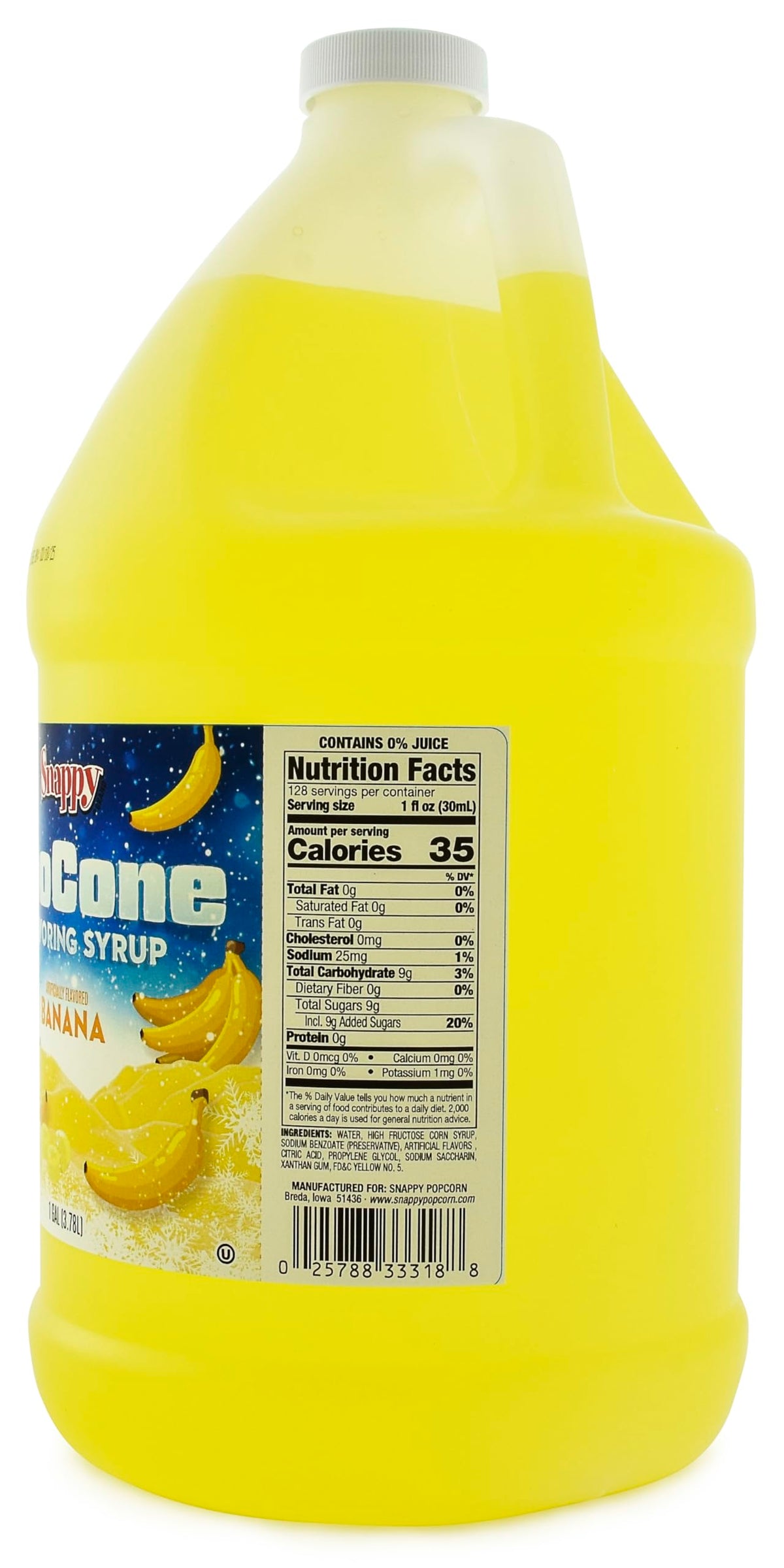 SNAPPY Banana Sno Cone Syrup 1 gallon jug beside ice to illustrate ready to use convenience