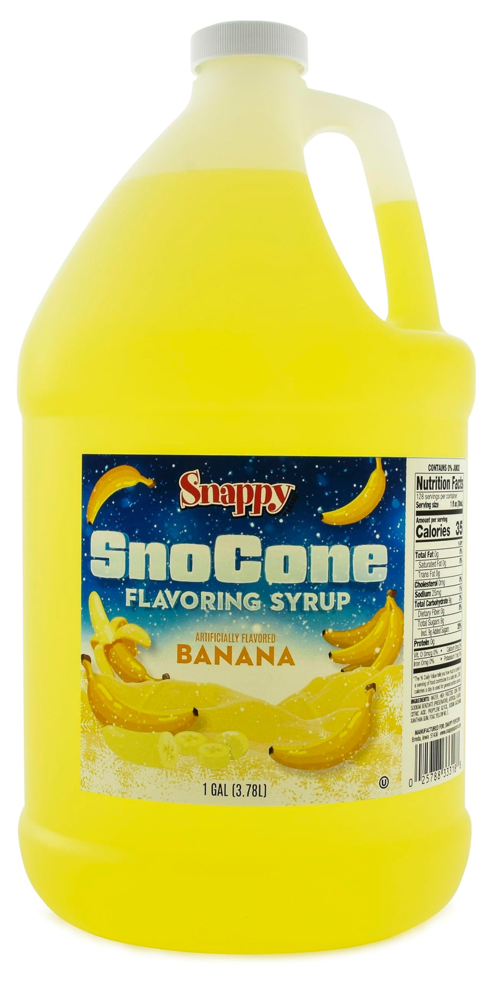 SNAPPY Banana Sno Cone Syrup bottle being poured over shaved ice for a classic treat