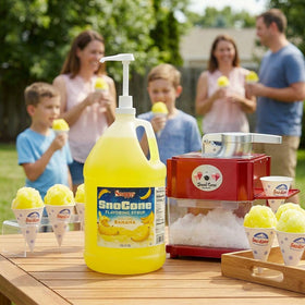 Concession stand setup using SNAPPY Banana Sno Cone Syrup with a snow cone machine