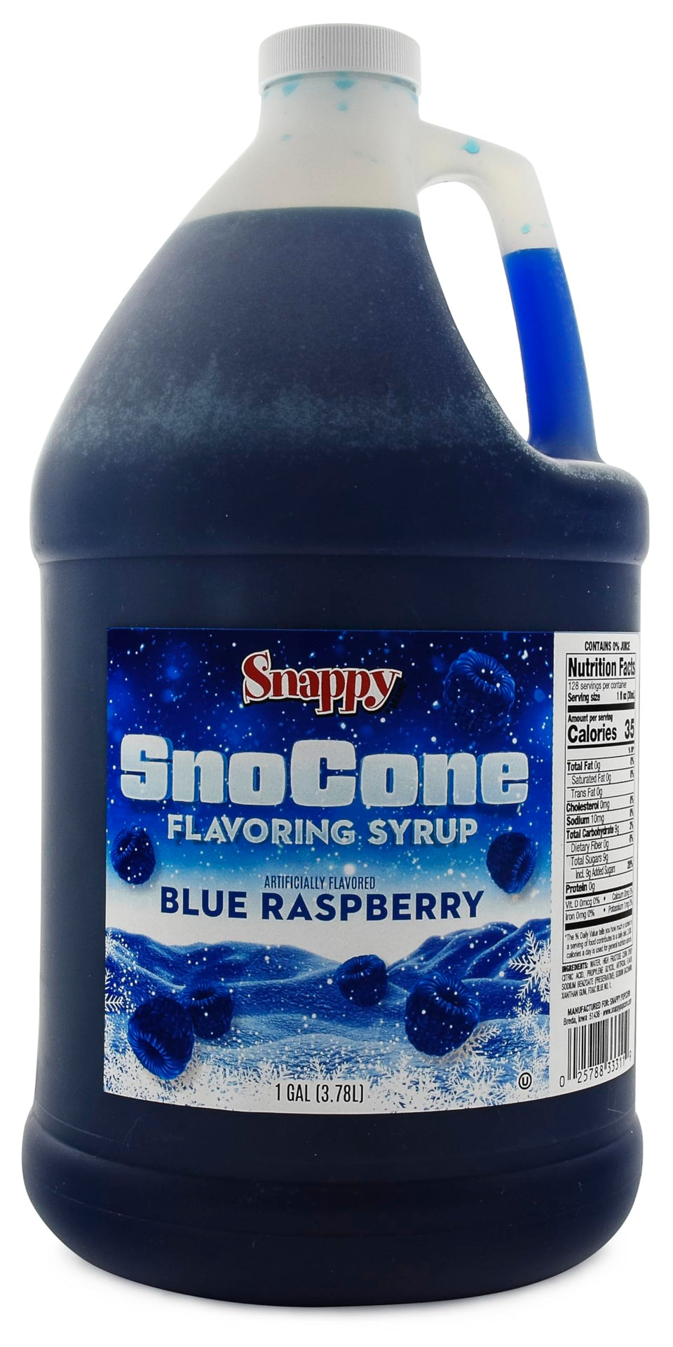 SNAPPY blue raspberry sno cone syrup bottle pour boosts concession-style shaved ice at events.