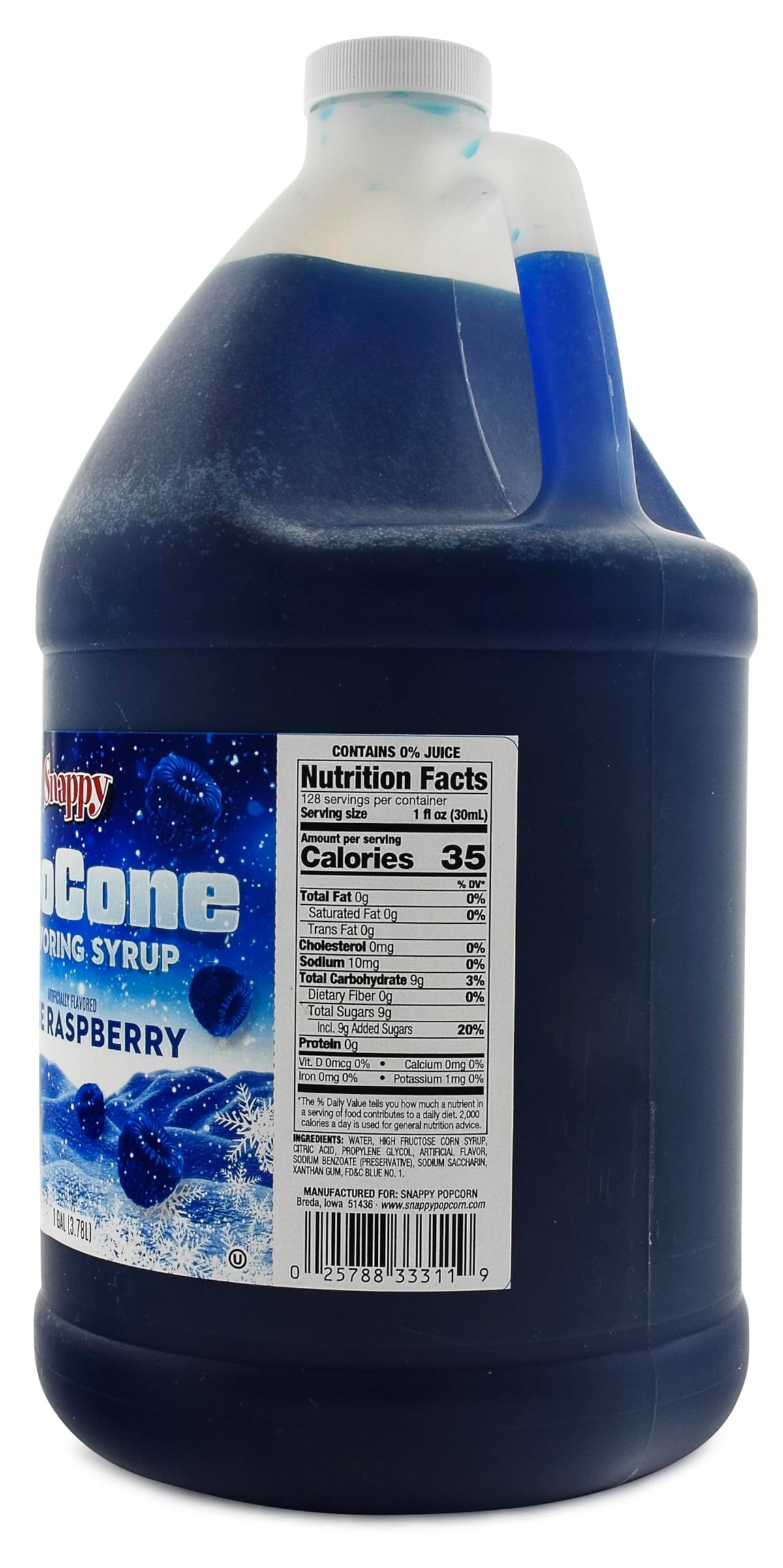 SNAPPY blue raspberry syrup on shaved ice delivers bold flavor for home snow cone machines.