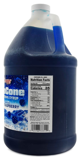 SNAPPY blue raspberry syrup on shaved ice delivers bold flavor for home snow cone machines.