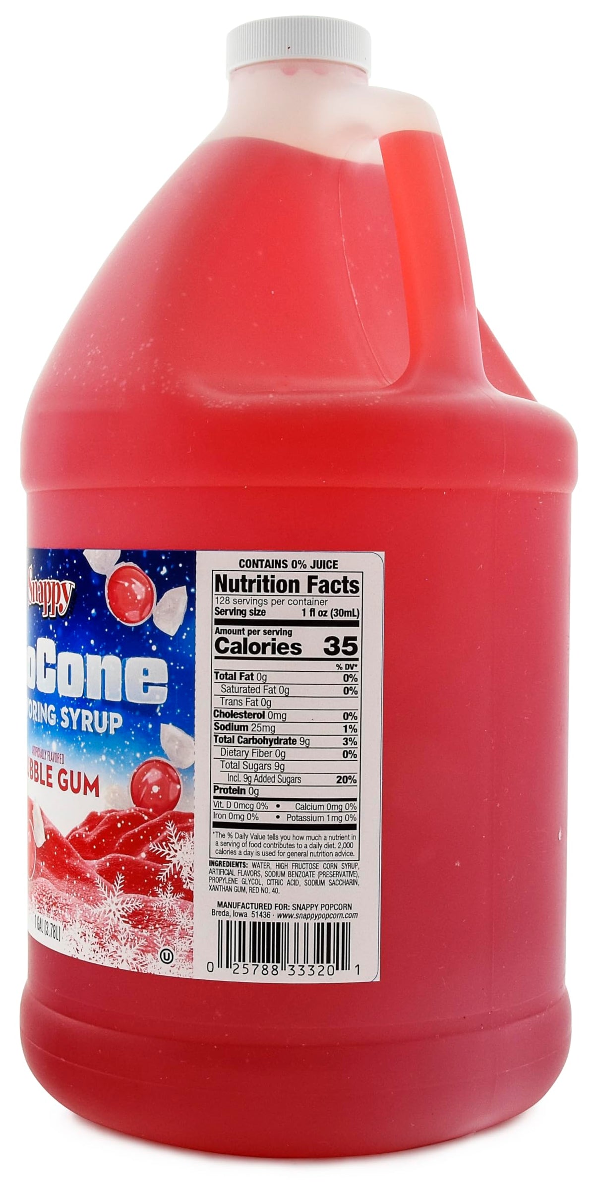 SNAPPY Bubble Gum Sno Cone Syrup 1-gallon jug ensures consistent flavor for events.