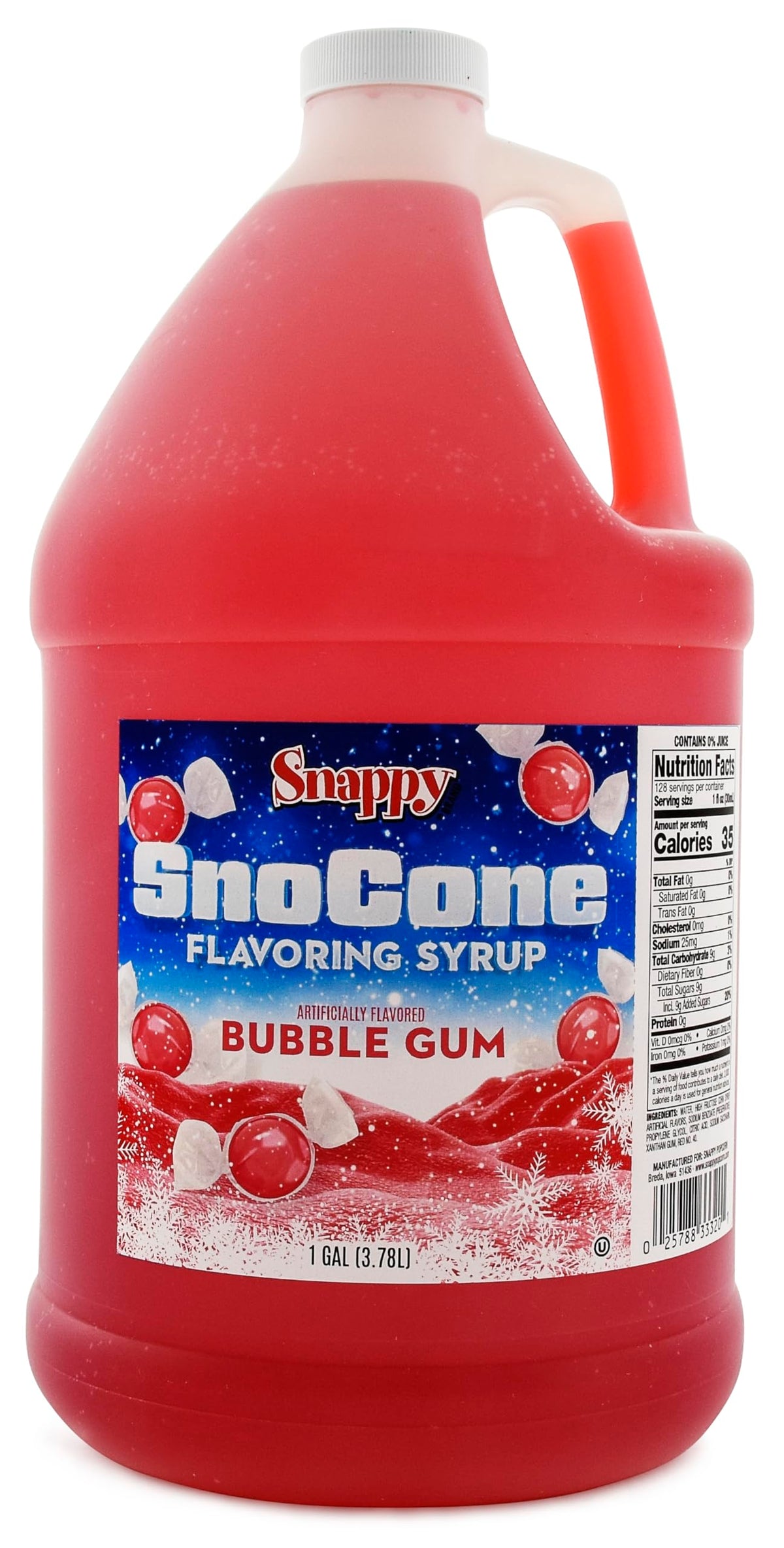 SNAPPY Bubble Gum Sno Cone Syrup bottle pour provides convenient ready-to-use flavor for shaved ice.