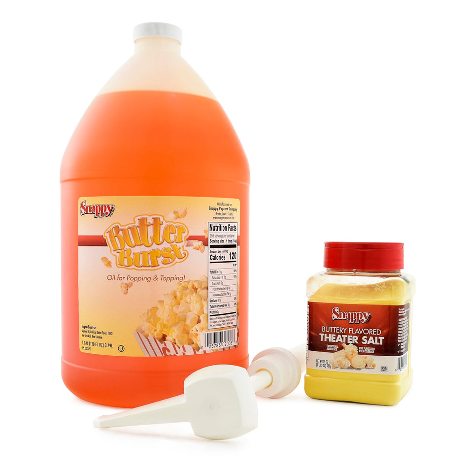 Snappy Butter Burst Oil pouring to boost even buttery flavor on freshly popped popcorn.