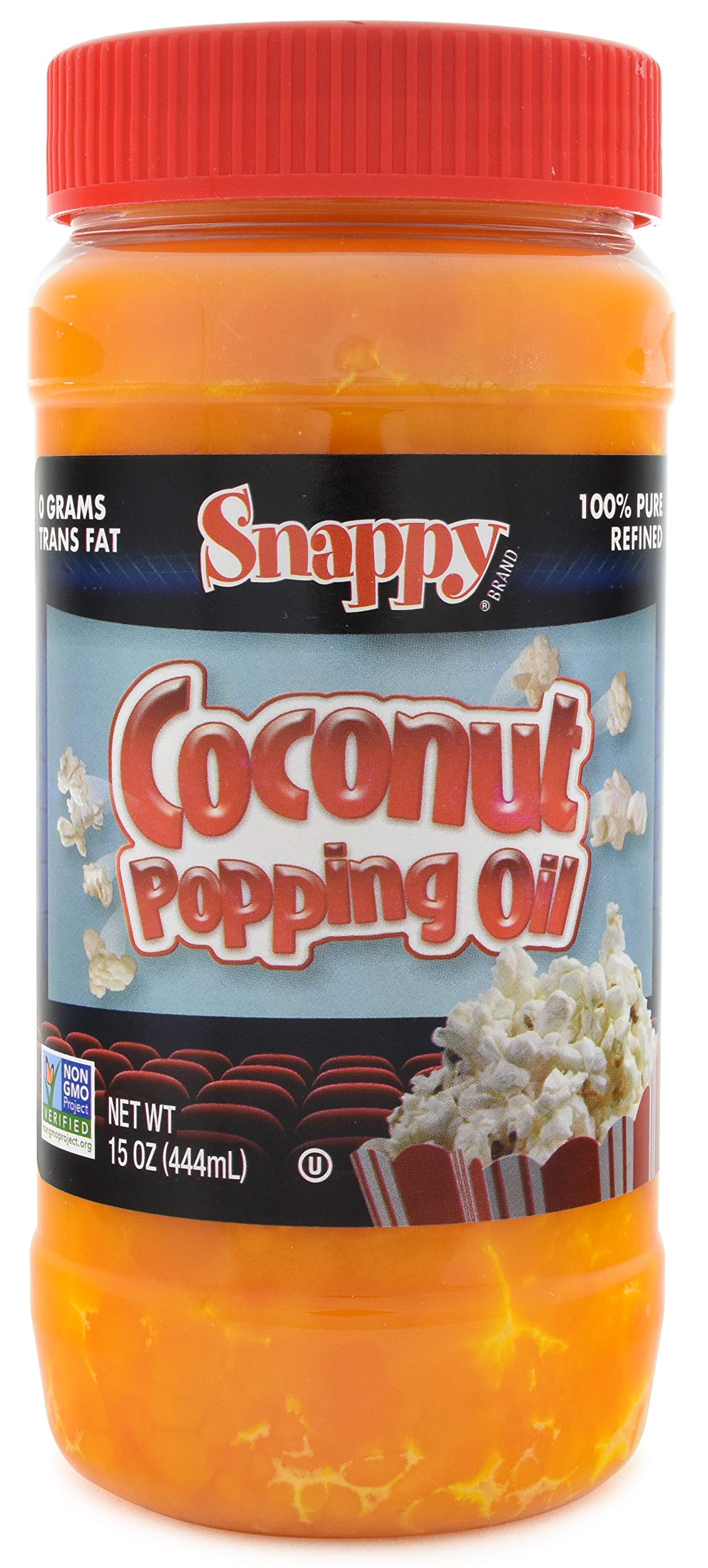 SNAPPY butter flavored coconut oil ready for popcorn, delivering theater-like aroma.
