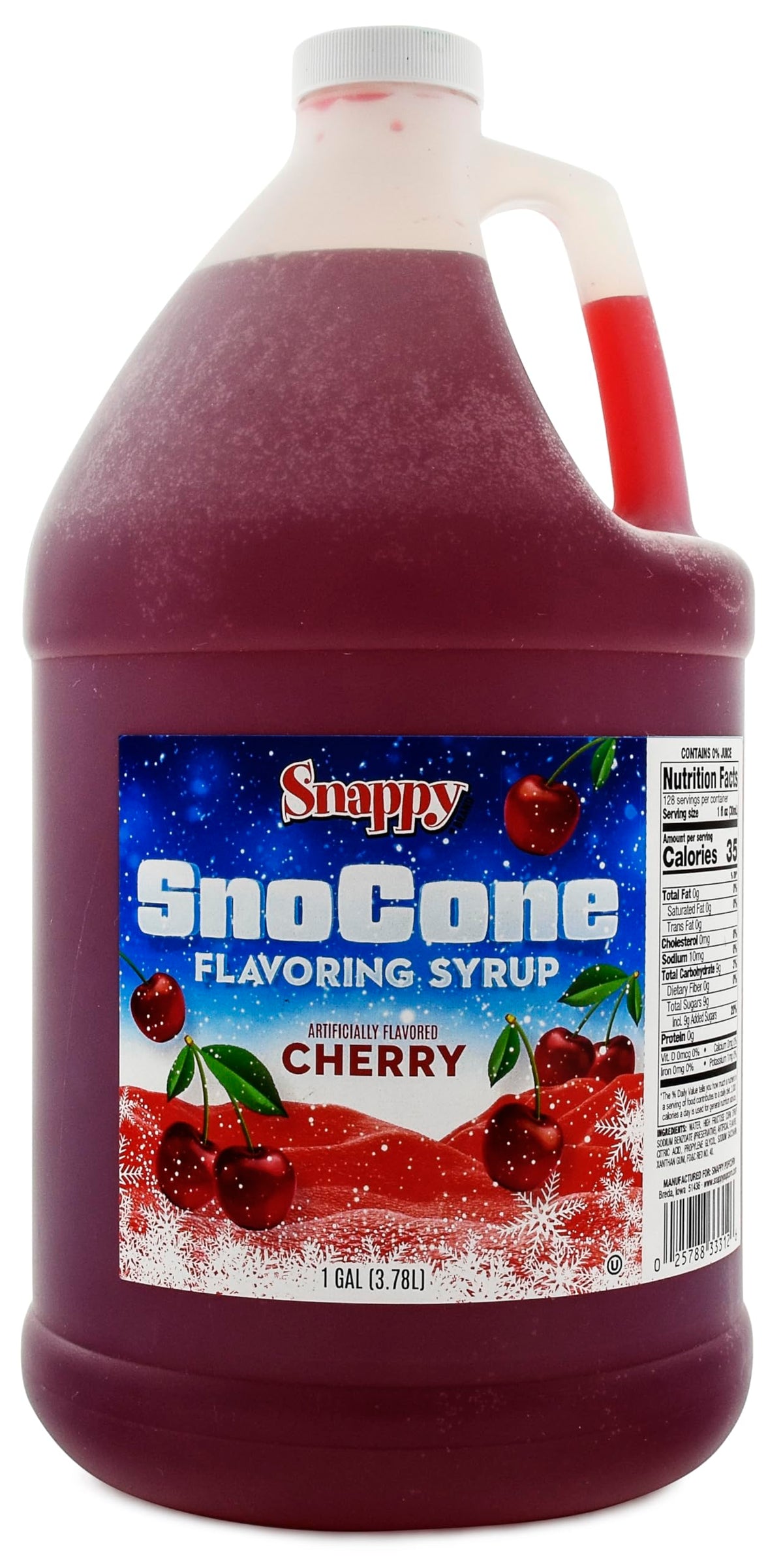 SNAPPY Cherry Sno Cone Syrup bottle showcases authentic concession-flavor for shaved ice.