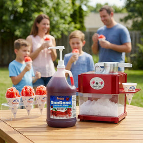 SNAPPY Cherry Sno Cone Syrup served cone highlights vibrant flavor on a refreshing treat.