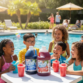 SNAPPY Frosti Tropics blue raspberry slushy served in party cups for kids and adults