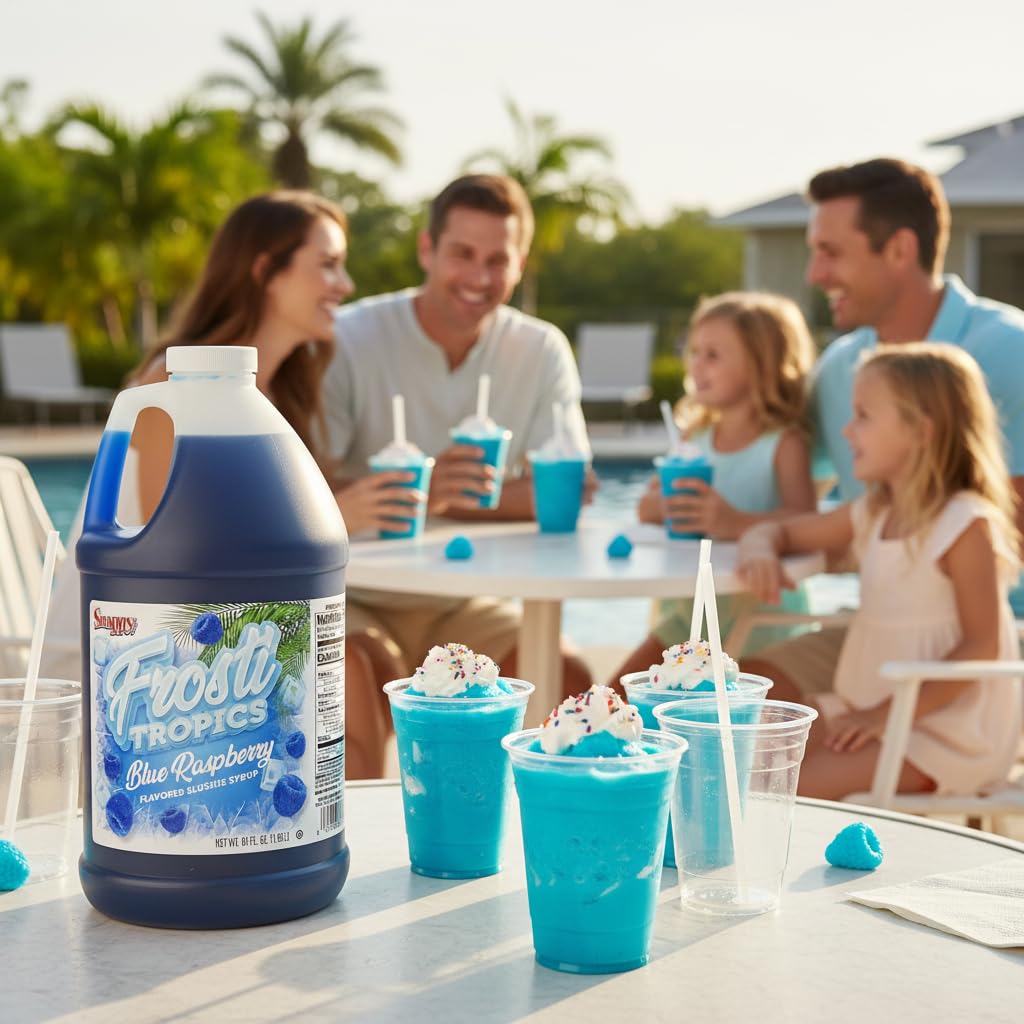SNAPPY Frosti Tropics blue raspberry slushy served in a glass at a party