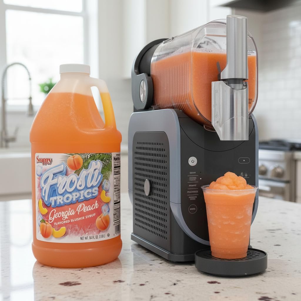 SNAPPY Frosti Tropics Georgia Peach machine-dispense delivers consistent slush for machines.
