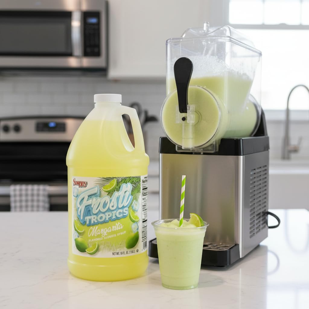 SNAPPY Frosti Tropics slushie machine prep — ready to mix into frozen drinks.