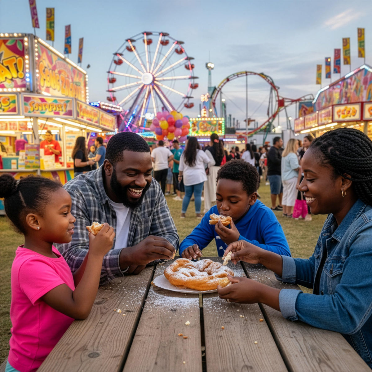 Snappy funnel cake dusted with powdered sugar for festival flavor.