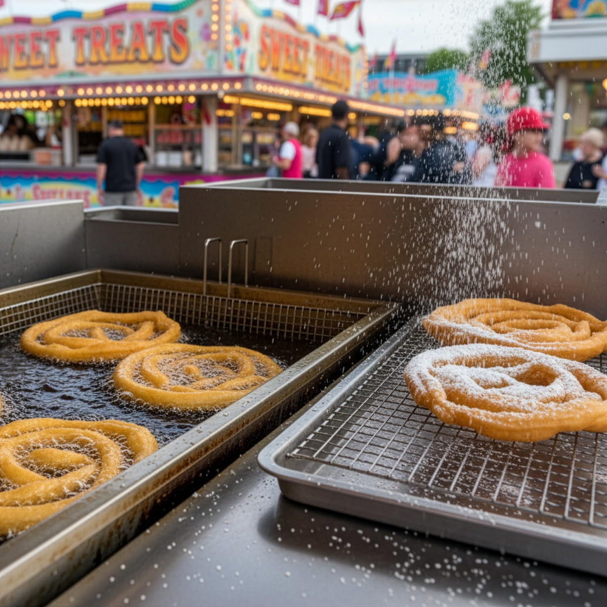 Snappy funnel cake frying in hot oil to golden perfection.