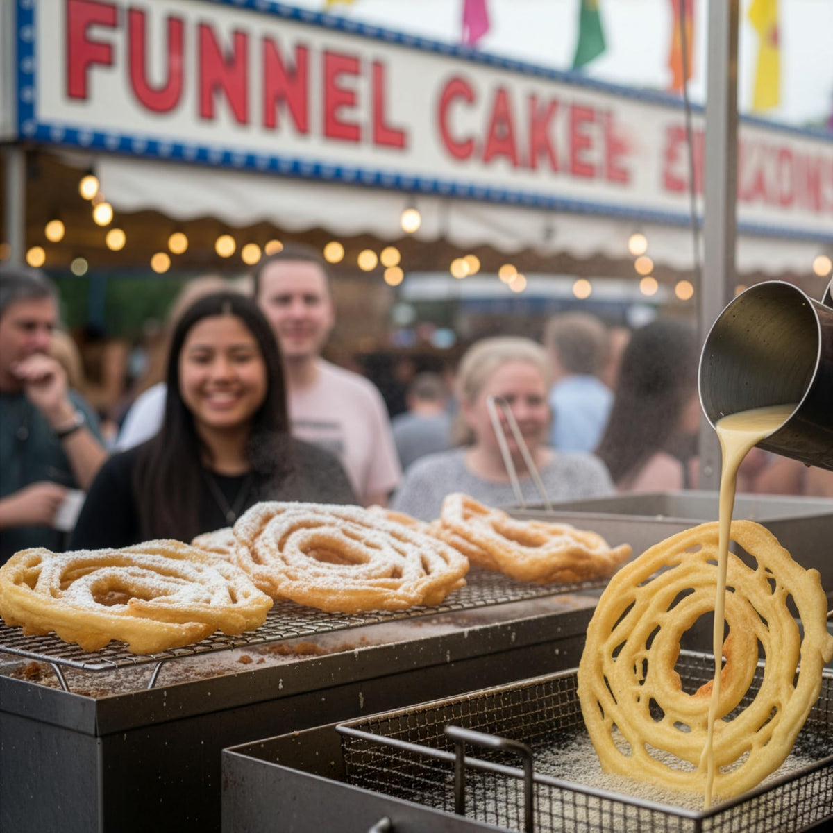 Snappy funnel cake served to crowds at events.