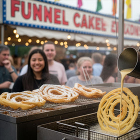 Snappy funnel cake served to crowds at events.