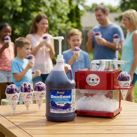 SNAPPY grape sno cone syrup pour over ice demonstrates convenient no mix prep